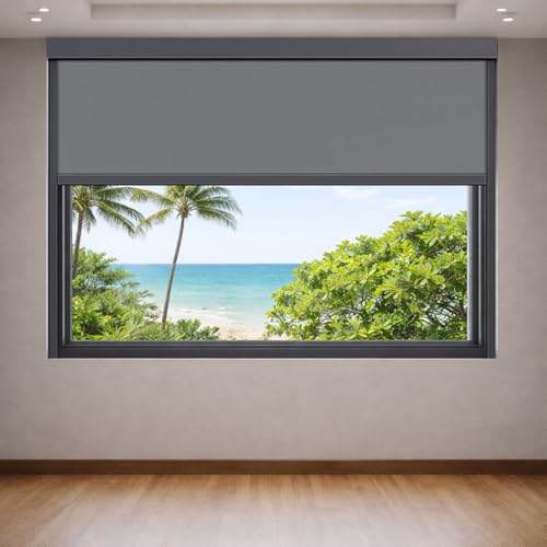 ZSHINE Hard-Wired Outdoor Weatherproof Motorized Patio Roller Shades Remote Control for Porch Balcony Customized Size (Grey 0% Openness)