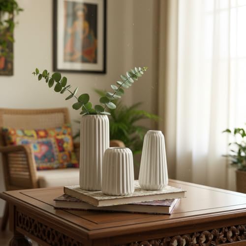 Image of PUREZENTO 'Flute Ribbed' White Ceramic Vase - Set of 3 | Decorative Flower Vase for Modern Home Decor, Living Room, Bedroom, Table & Shelf | Vases for Pampas Grass, Fresh, Dried & Artificial Flowers