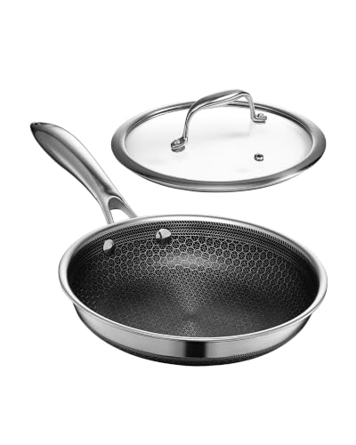 Image of HexClad 8 Inch Hybrid Nonstick Frying Pan with Lid, Stay-Cool Handle, Dishwasher and Oven Safe, Induction Ready, Frying Pan Skillet Compatible with All Cooktops