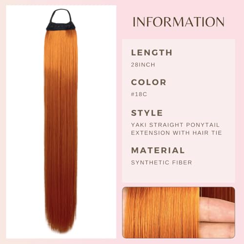 VAVANGA 28inch Long Ponytail Extension with Hair Tie, Orange Color Yaki Straight Ponytail Full Braiding Hair Ponytail Natural Fake Pony Tails Hairpiece for Women (#18C) — view 3