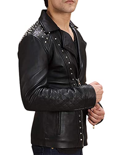 Brando Motorradjacke für Herren, Rock-/Punk-Spike-Nieten, Biker-Lederjacke, Schwarz, Schwarz
