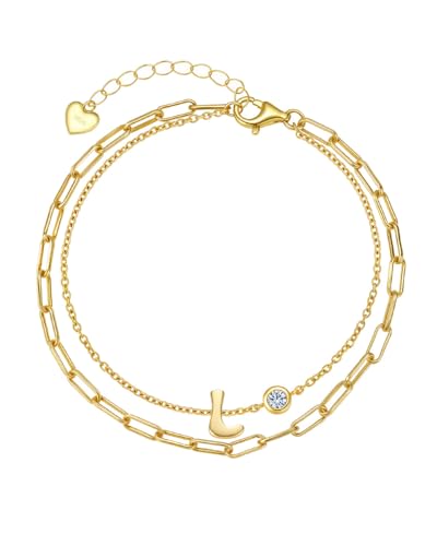 Initial Bracelet for Women, 925 Sterling Silver 14K Gold Plated Dainty Layered Stackable Paperclip Letter Bracelets, Trendy Jewelry Christmas Birthday Gifts for Wife Mom Girlfriend Sister Daughter