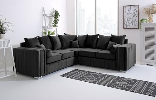 Layla - Juego de sofá esquinero de terciopelo de felpa negro de 5 plazas tapizado en tela de lujo, ideal para sofás y sofás de sala de estar para mayor comodidad y estilo, diseño de respaldo disperso