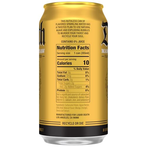 Image of Liquid Death Soda-Flavored Sparkling Water - Mango Chainsaw (Mango Orange), Less Sugar*, Huge Flavor, No Caffeine, No Artificial Sweeteners, 12 Fl Oz (Pack of 12)