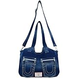 True Religion Women's Satchel Bag, Crossbody Purse Handbag with Horseshoe Logo Stitching, Dark Denim