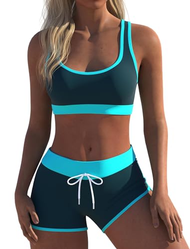 Womens Sport Two Piece Swimsuits Racerback Tops Boyshort Bottom