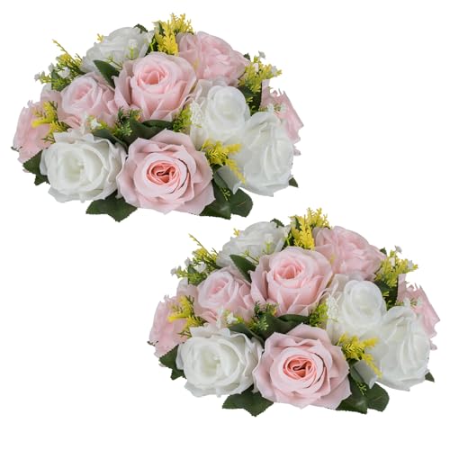 Image of NUPTIO Flower Ball Centerpieces for Tables: Pink & White Artificial Rose