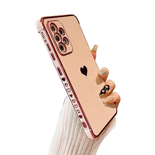 DEFBSC Compatible with Samsung Galaxy A52/A52 5G Samsung Galaxy A52s Case, Electroplated Edge Love Heart Case, Full Camera Protection Raised Reinforced Corners Shockproof Soft TPU Cover, Pink