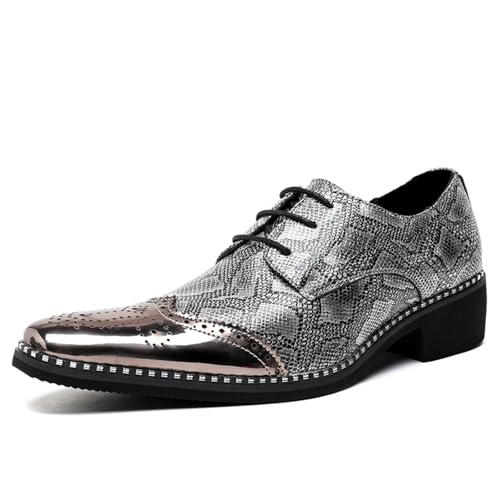 Men's Genuine Leather Snakeskin Lace-Up Dress Oxford Shoes with Chunky Heel Metal Pointed Toe Gold Accents Lightweight Soft Derby Shoes for Formal Weddings Parties Formal Events Nightlife