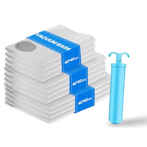 Vacbird Bolsas de vacío para ropa de viaje, 12 bolsas de vacío con bomba (4 x 40 x 40 cm, 4 x 40 x 50 cm, 4 x 40 x 60 cm), reutilizables, adecuadas para mover, viajar y guardar ropa de temporada