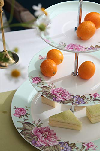 London Boutique 3 Tiered Cake Stands Afternoon Tea Porcelain Bird Rose Butterfly In Gift Box (Green) #TOP4