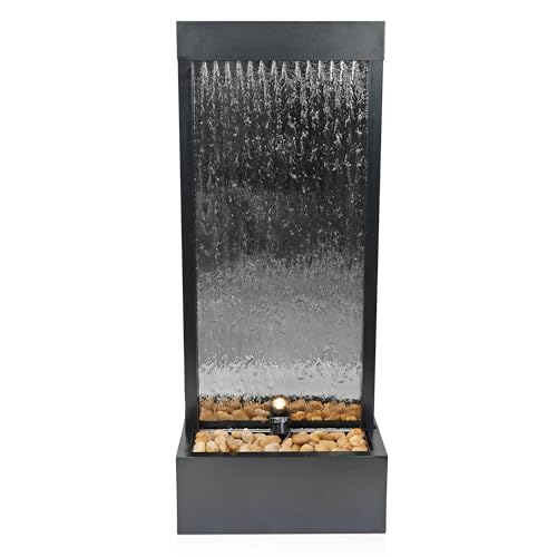 Image of Alpine Corporation - Mirror Waterfall Fountain with Stones & Lights - Zen Indoor /Outdoor Decor for Office, Living Room, Patio, Entryway - 48 Inches (Silver)