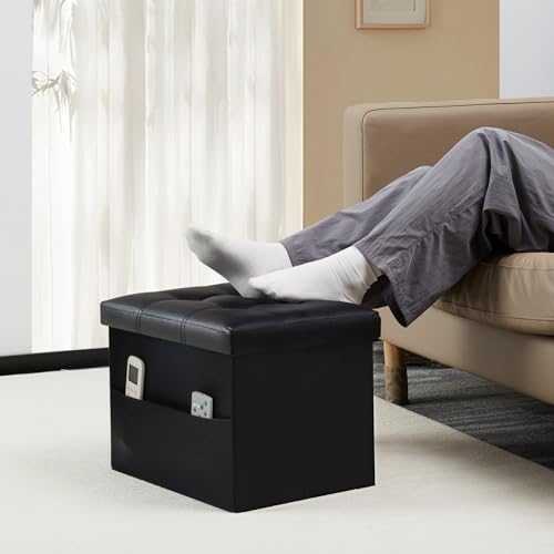 Image of Bsketa Storage Ottoman Bench,17 Inch Folding Leather Foot Rest Stool, Black | Small Ottoman with Side Pockets, Thicker Foam Padded Seat, Livingroom, Dorm, Bedroom, Easy to install, 43L,17x13x13in