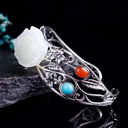 TTDGYYXW Pulseras de Plata S925 para Mujer, Pulsera Natural Tallada en Rosa de Jade hetiano, joyería Vintage para Mujer, Pulsera Abierta con Incrustaciones de ágata Turquesa, Brazalete Hueco con Caja