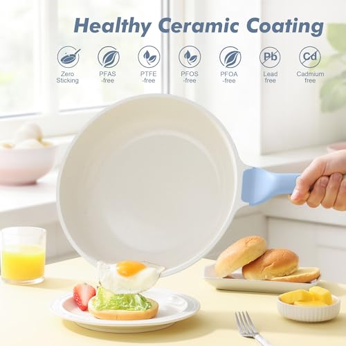 Image of SENSARTE Nonstick Ceramic Frying Pan with Lid 11 Inch Omelet Pan Skillet, Free of Intentionally Added PFAS /PTFE Non-toxic Chef's Pan Induction Compatible Pan, Heat Resistant Handle, Glacier Blue