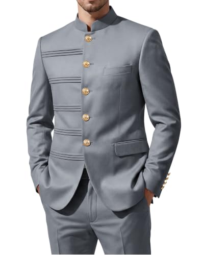 CKGJLJ Mandarin Collar Suit Men Light Grey Chinese Mens Suits Classic Fit 2 Piece Safri Suits for Men Prom Big and Tall 2-Piece Set Wedding Business Light Grey Suit Plus Size 6XL Solid Jacket Pants