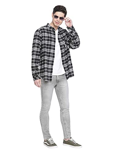 Image of Oxolloxo Men Regular Fit Cotton Regular Sleeves Check Casual Black Shirt