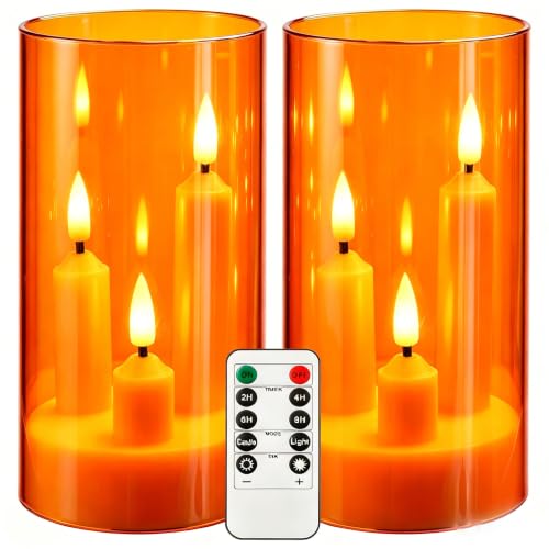 Image of Da by 2 Pack 3D Wick Flameless Taper Candles, Orange Transparent Acrylic Cover, Remote Control Flickering LED Electric Candles, Battery Operated for Halloween Thanksgiving Christmas Home Decor.