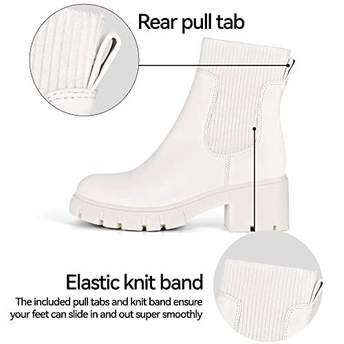 Athlefit Women's White Chelsea Boots Fall Platform Ankle Boots Slip on Chunky Lug Sole Boots — view 4