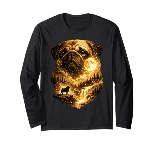 Black Pug Howling to The Moon 90s Retro Animal Dog Mom Pet Long Sleeve T-Shirt