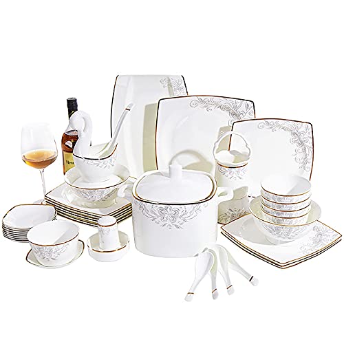 SQMGFA Juego de vajilla Cuadrada de 50 Piezas para 10 Personas, vajilla de Porcelana Blanca de Hueso para Cocina, Juego Combinado con tazones para Cereales, Platos de Postre y Olla para Sopa,
