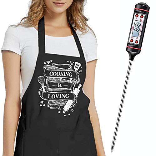 Premium Black Cooking Apron for Mom Woman Grandma Grandmother Daughter Mother Cute Baking Aprons Women Funny Chefs Kitchen Aprons for Bakers and Cook Turkey Thanksgiving with Meat Thermometer