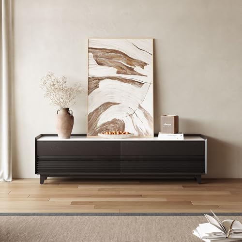 Image of POVISON Fully-Assembled Mid Century Glossy Sintered Stone Tabletop TV Stand with Legs, Wood Media Console with Adjustable LED Light for 75-inch TVs, Entertainment Center with Storage for Living Room