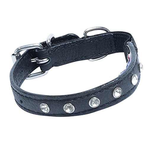 Athens Cat Collar, Leather Kitten Collar W/Rhinestones, Sturdy Breakaway Cat Collar With Bell & Elastic Stretch, Cat Accessories, Midnight Black, 10 X ½ Inches - Angel Pet Supplies #TOP16