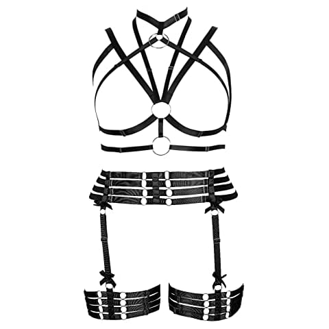Womens Body Harness Plus Size Plus Size Strappy Hollow Out Frame Belt Lingerie Garter Rave Club Party Charm Accessories (Black O3+P37) Cover