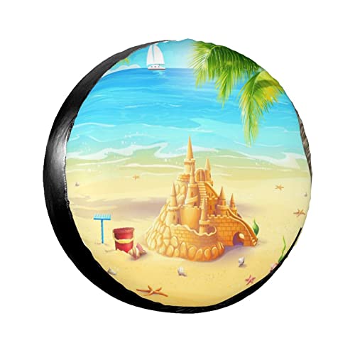 747 Rueda De Repuesto Playa Ilustración De La Orilla del Mar Palmeras Conchas Marinas Y Castillos De Arena Weatherproof Funda Protectora Antipolvo Funda Protectora para Ruedas para Coches 15inch