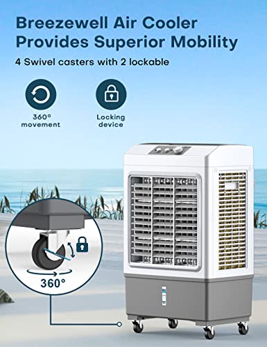 Evaporative Air Cooler, Breezewell 2100 Cfm Outdoor Air Conditioner, 8 Gallon Windowless Air Conditioner For Room W/ 3 Speed, 4 Ice Pack, 4 Scroll Casters, Swamp Cooler For Outdoor Indoor Use #TOP7