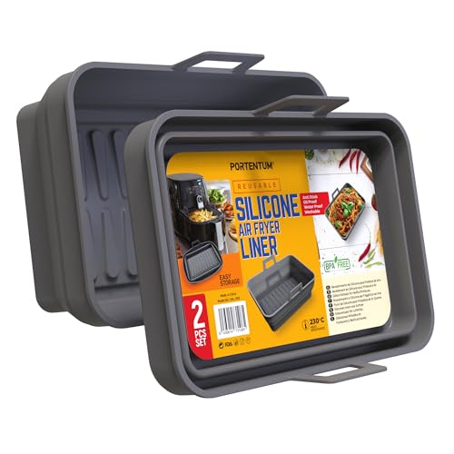 PORTENTUM Teglie per Friggitrice ad Aria Rettangolari – Set da 2 Contenitori in Silicone Pieghevoli Riutilizzabili – Certificati LFGB e BPA Free – Dual Fryers – Accessori Friggitrice ad Aria