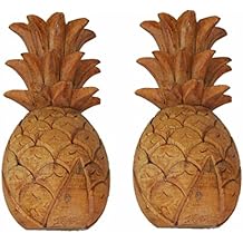 Zeckos Set of 2 Hand Carved Wooden Pineapple Hanging Wall Art Sculptures Home Decor
