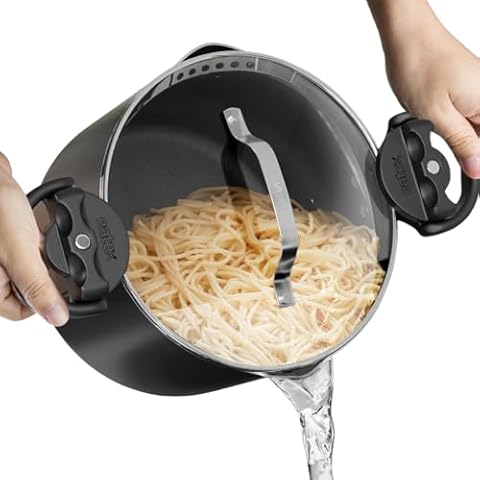 EATEX Pasta Pot with Strainer Lid - 5 Quart Multipurpose Stock Pot, Simmer Spaghetti Pot with Pasta Strainer Lid - Twist & Lock Handles, Nonstick Ceramic Stainless Steel Pot, Tempered Glass Lid Black Cover