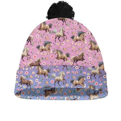 Uppodwarkid Horse Hats for Kids Floral Girls Graphic Beanie Soft Cold Cap Winter Funny Hat with Double Layers Cold Caps for Outdoor Sport or Daily Wear Fashion Headgear