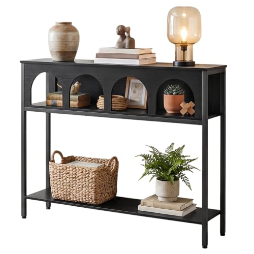 Image of HOOBRO Narrow Console Table, Entryway Table with 3-Tier Storage, Sofa Table, Behind Couch Table with Arched Design for Living Room, Entrance, Hallway, Black BB106XG01
