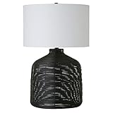 Henn&Hart 27" Tall Oversized/Rattan Table Lamp with Fabric Shade in Black Rattan/White, Lamp, Desk Lamp for Home or Office