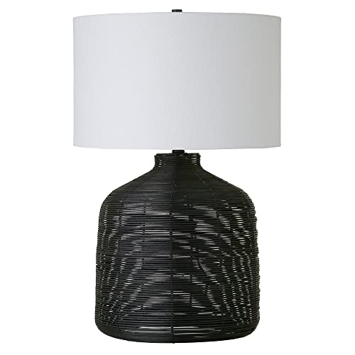 Henn&Hart 27" Tall Oversized/Rattan Table Lamp with Fabric Shade in Black Rattan/White, Lamp, Desk Lamp for Home or Office