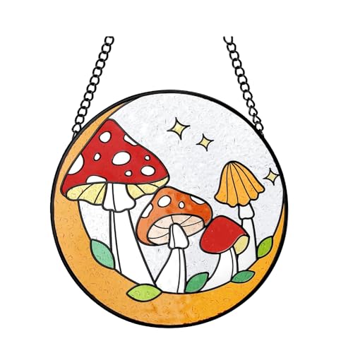 NOIAFZY 1Pcs Mushroom Stained Glass Suncatcher Moon Toadstools Window Wall Hanging Ornament Hand-Painted Glass Panel Decor for Home Decor