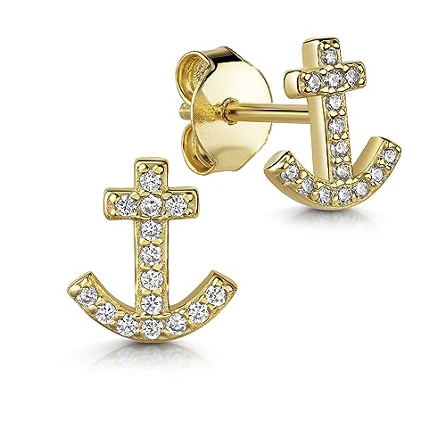 Pendientes de ancla plata niña 925 circonitas blancas aretes pequeños 7x8mm