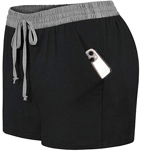 Blevonh Yoga Workout Clothes for Women,Juniors Contrast Color Banded Waist Adjustable Drawcord Double Pockets Walking Shorts Soft Skin-Friendly Stretch Sleepwear Easy Fit Black M