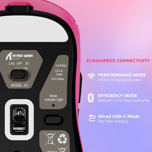 Image of ATTACK SHARK X3 Wireless Gaming Mouse, 49g Ergonomic Computer Mouse, Triple Modes PAW3395 26K DPI Optical Sensor, 200h Battery Life, Programmable Buttons, Gaming Accessories for PC /Laptop /Mac (Berry)