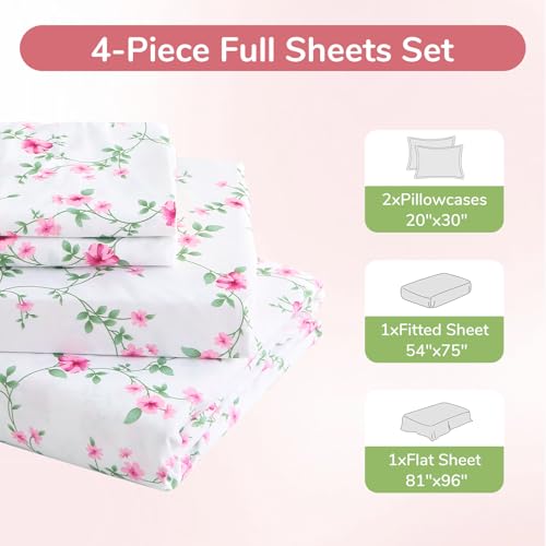 Image of MUXHOMO Full Size 4 Piece Sheet Set, Soft & Breathable Sheet Set for Bedroom with Deep Pocket Up to 16 inch, Wrinkle-Free & Cooling Bed Sheet with Flat Sheet, Fitted Sheet & Pillowcases - Pink Vines