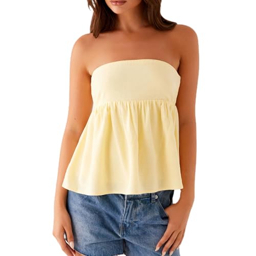 Womens’s Ruffle Tube Tops Casual Strapless Peplum Flowy Bandeau Tank Top Sleeveless Blouse Shirts Going Out