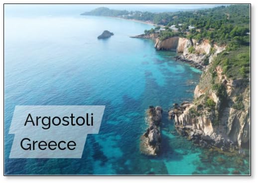 Imán para nevera con foto aérea de icónicos acantilados rocosos y formaciones volcánicas cerca de la famosa playa de Platys y Makrys Gialos con mar transparente turquesa, Argostoli, Isla Cefalonia,