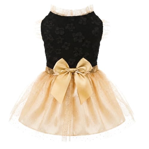 Laifug Dog Dress, Puppy Print Princess Style Dog Dress, Cute Party Outfit (Black and Yellow Color Block, Size L)