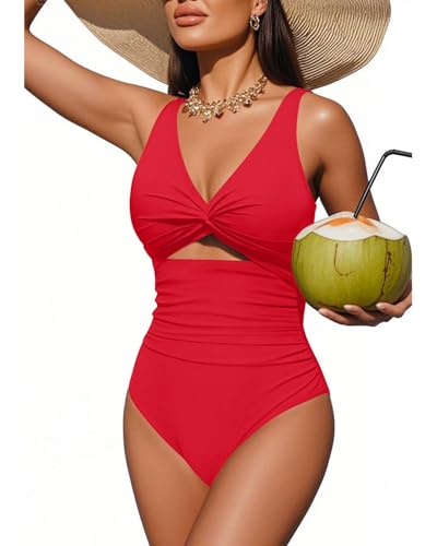 Image of Tempt Me Women One Piece Swimsuits Tummy Control Cutout Bathing Suits Ruched V Neck Twist Front Swimwear
