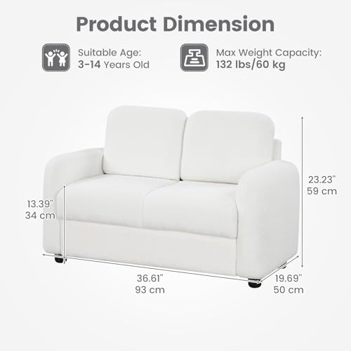 Image of INFANS Kids Sofa, 2 Seat Soft Thick Upholstered Couch with Plush Fabric Solid Wooden Frame, Armrest Chair Lounge for Playroom Kids Boys Girls