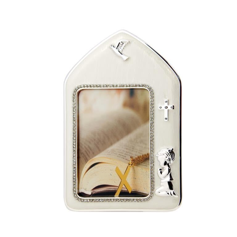 Porte photo Première communion DRW argenté, cadre photo religieux 10x15cm de table