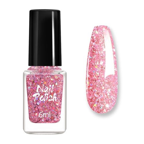Esmalte de uñas rosa con purpurina para uñas iridiscentes, esmalte de uñas de secado rápido de larga duración con ingredientes naturales, 6 ml, esmalte de uñas holográfico (rosa)